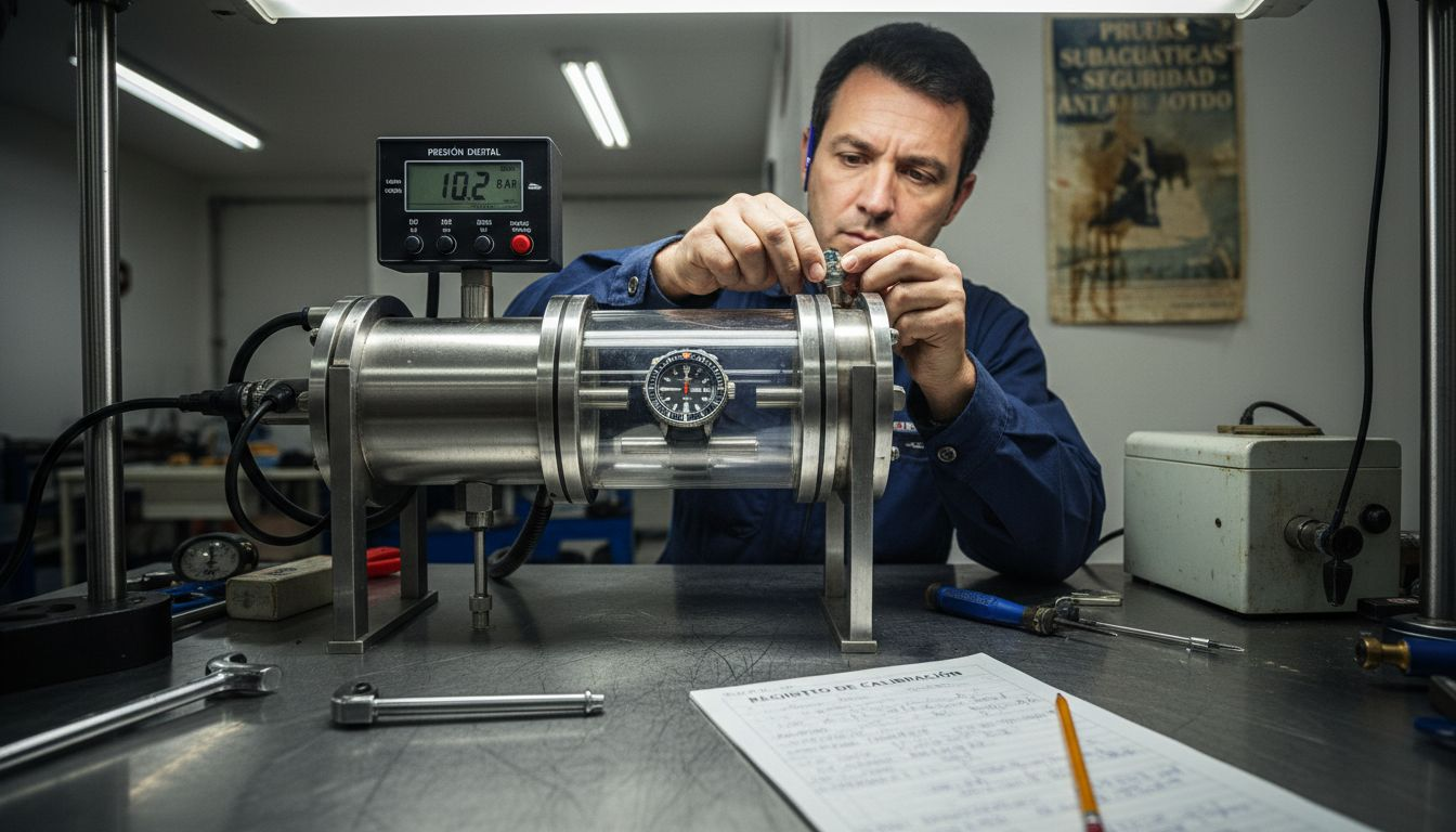 Un técnico realiza una prueba de presión a un reloj de buceo para asegurarse de que funcione correctamente bajo el agua.