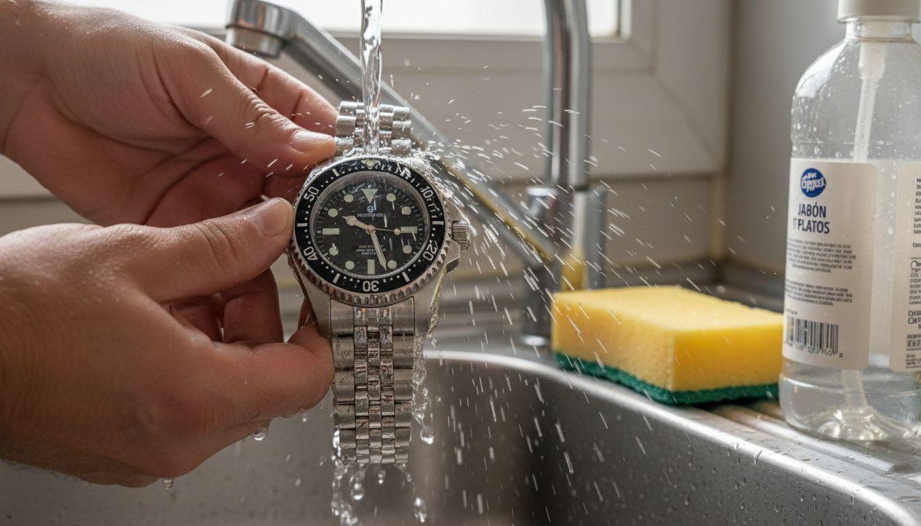 Enjuagando un reloj de buceo de acero bajo el grifo