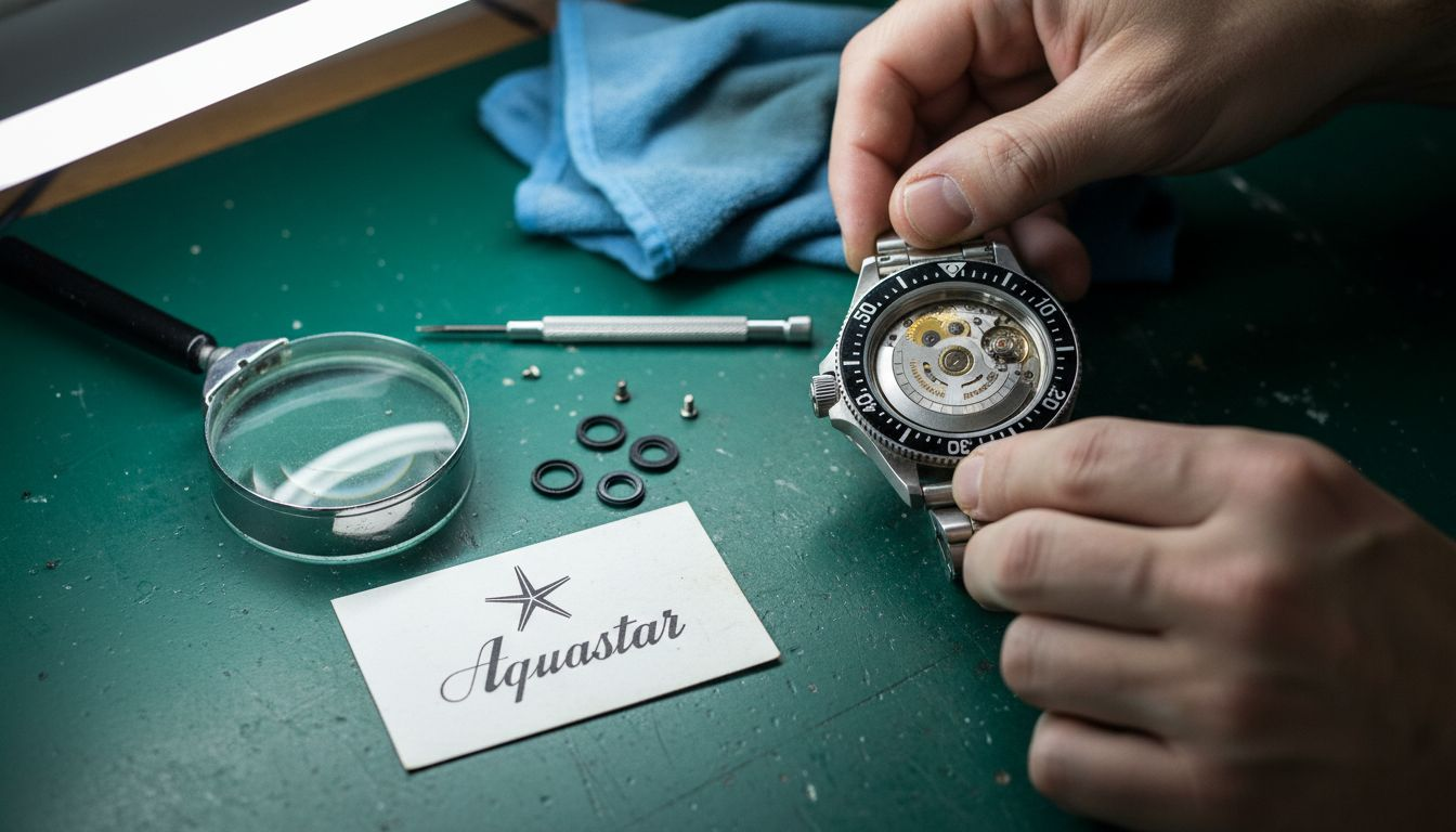 Watchmaker servicing dive watch seals close-up