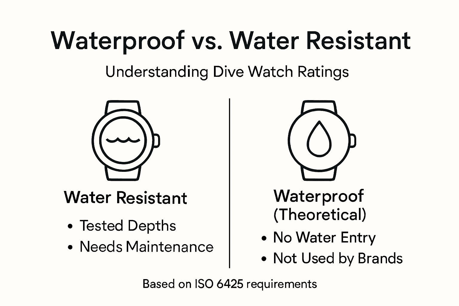 Infographic comparing waterproof and water resistant watches
