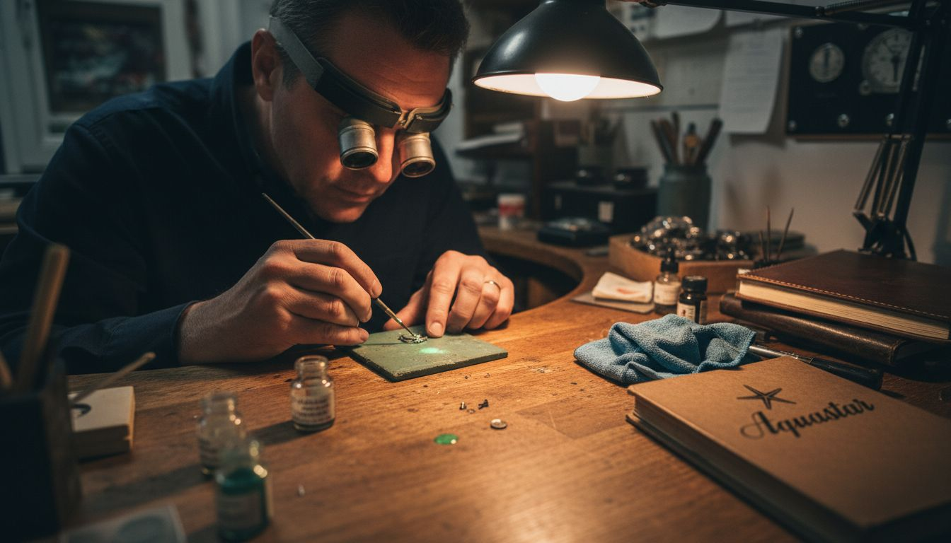 Watchmaker applying luminous paint to watch hand