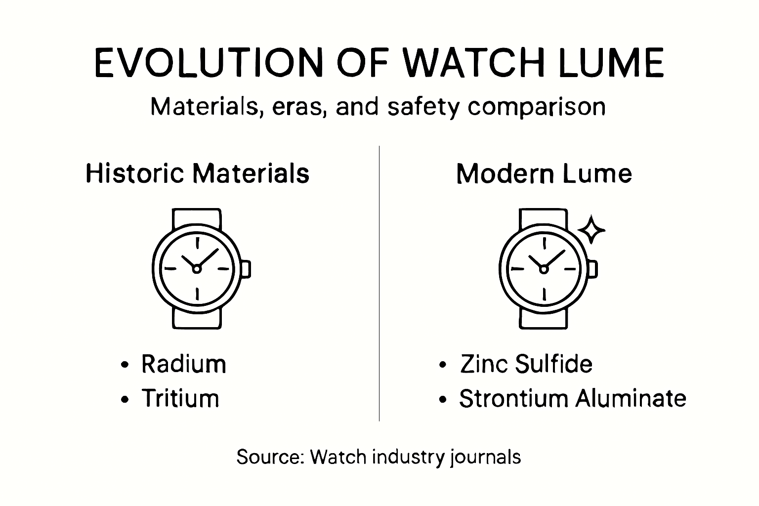 Infographic showing watch lume materials evolution