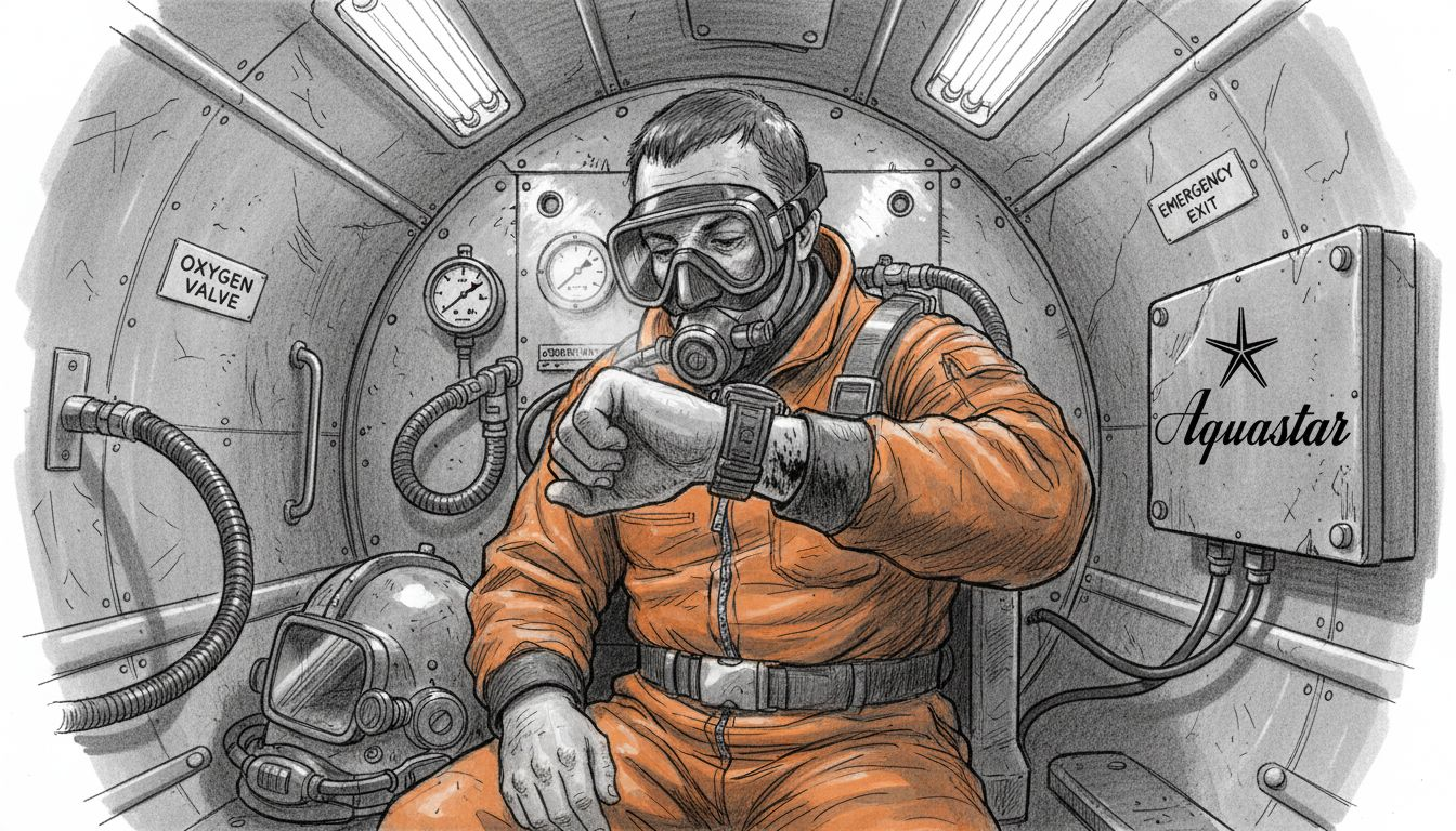 Commercial diver checking saturation dive watch