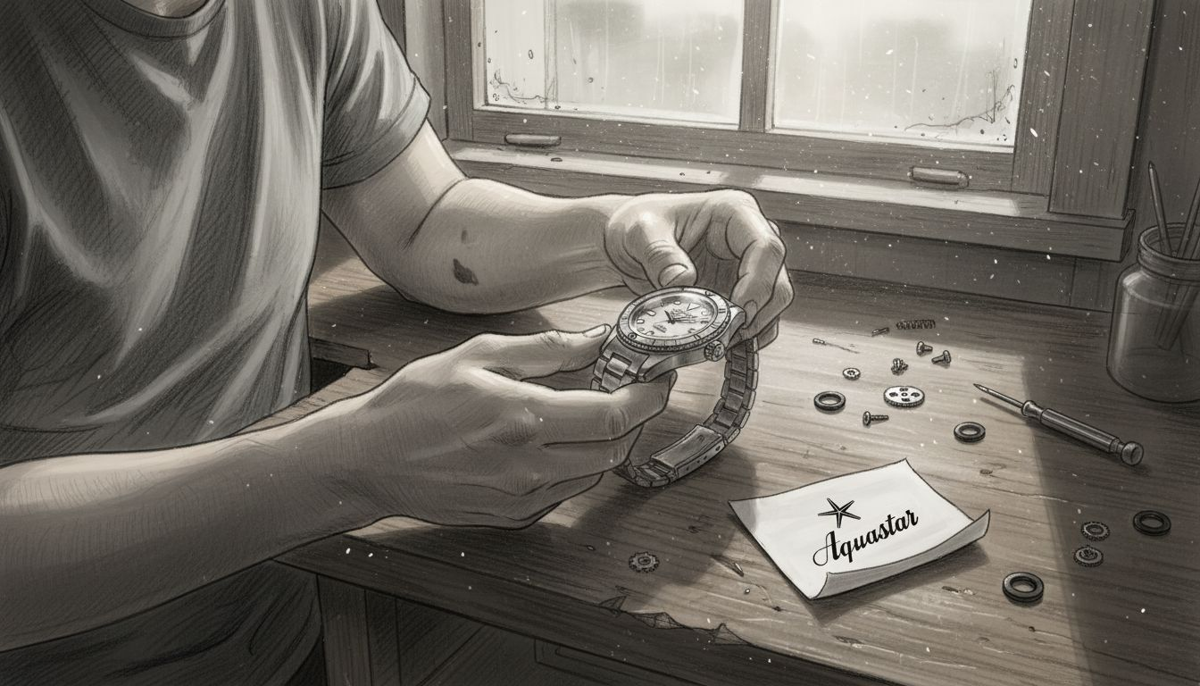 Hands inspecting dive watch crown and gaskets