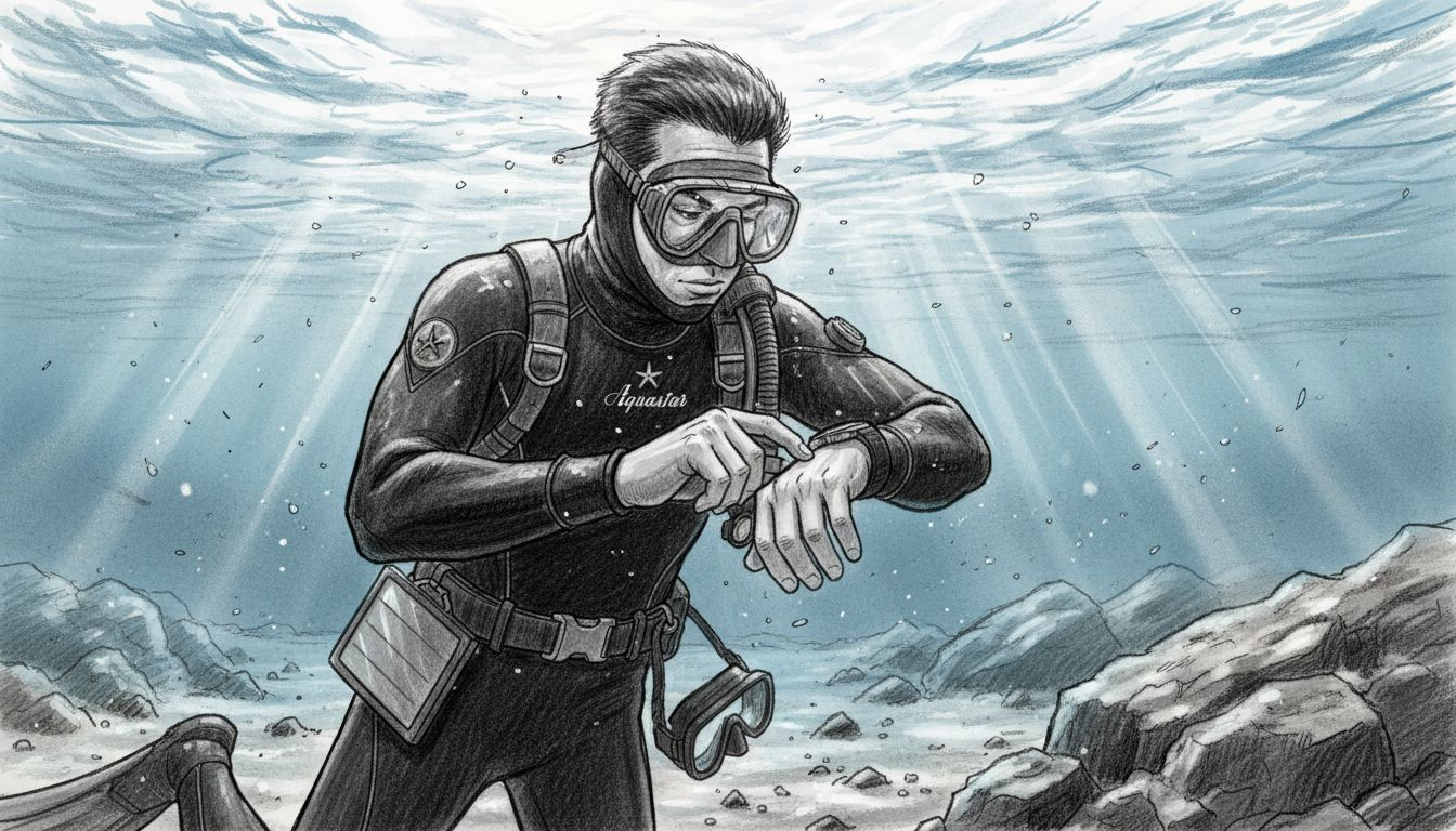 Diver adjusting Aquastar watch underwater