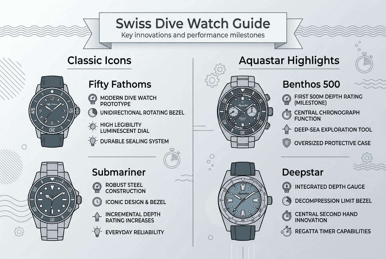 Swiss dive watches and Aquastar comparison infographic