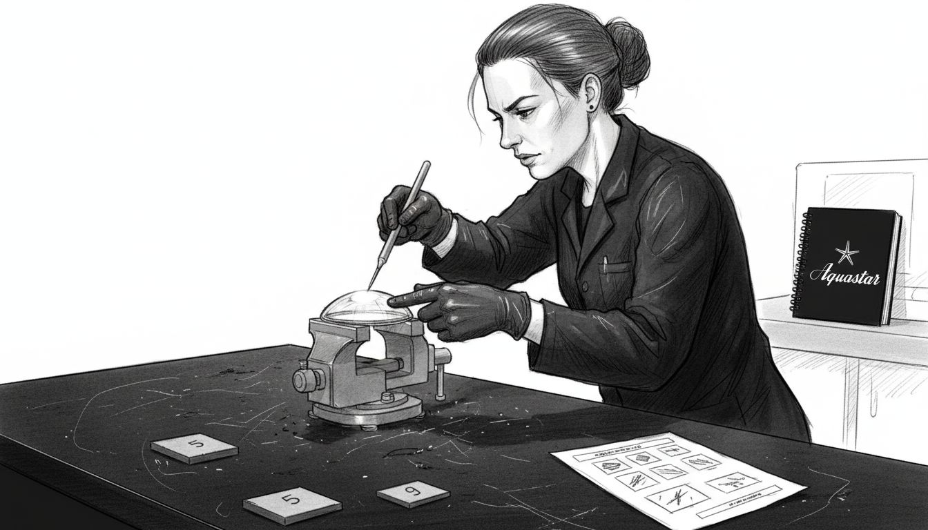 Technician performing Mohs hardness scratch test