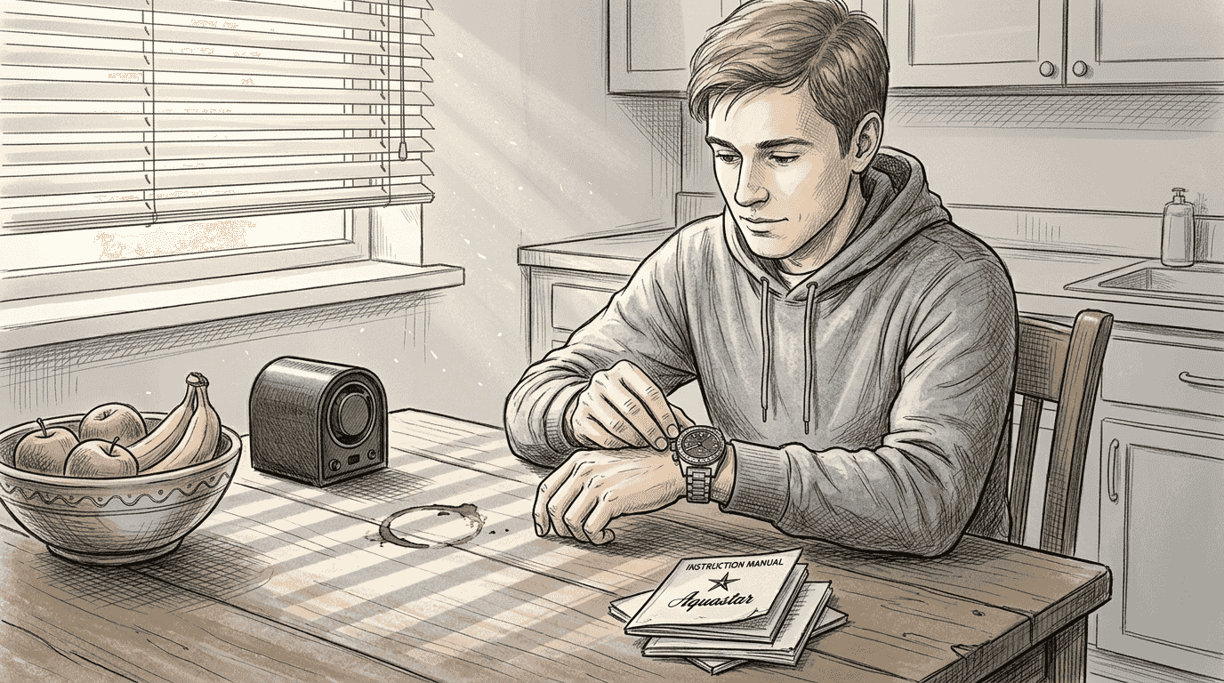 Person winding a dive watch in kitchen