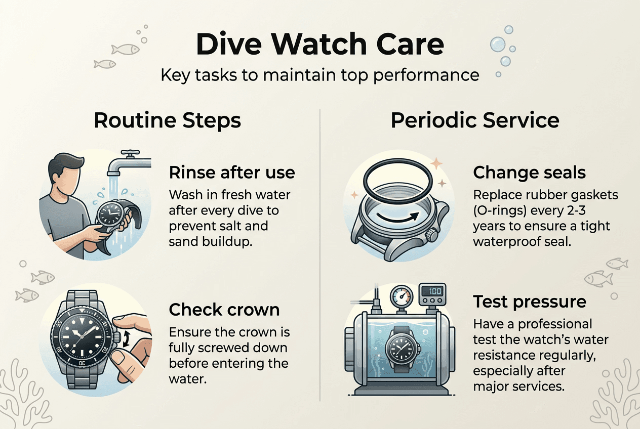 Infographic with key dive watch maintenance tasks
