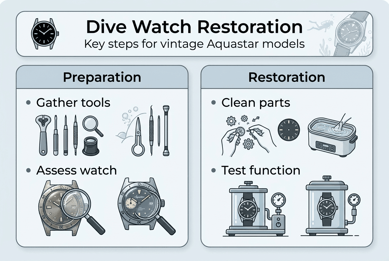 Infographic with main dive watch restoration steps