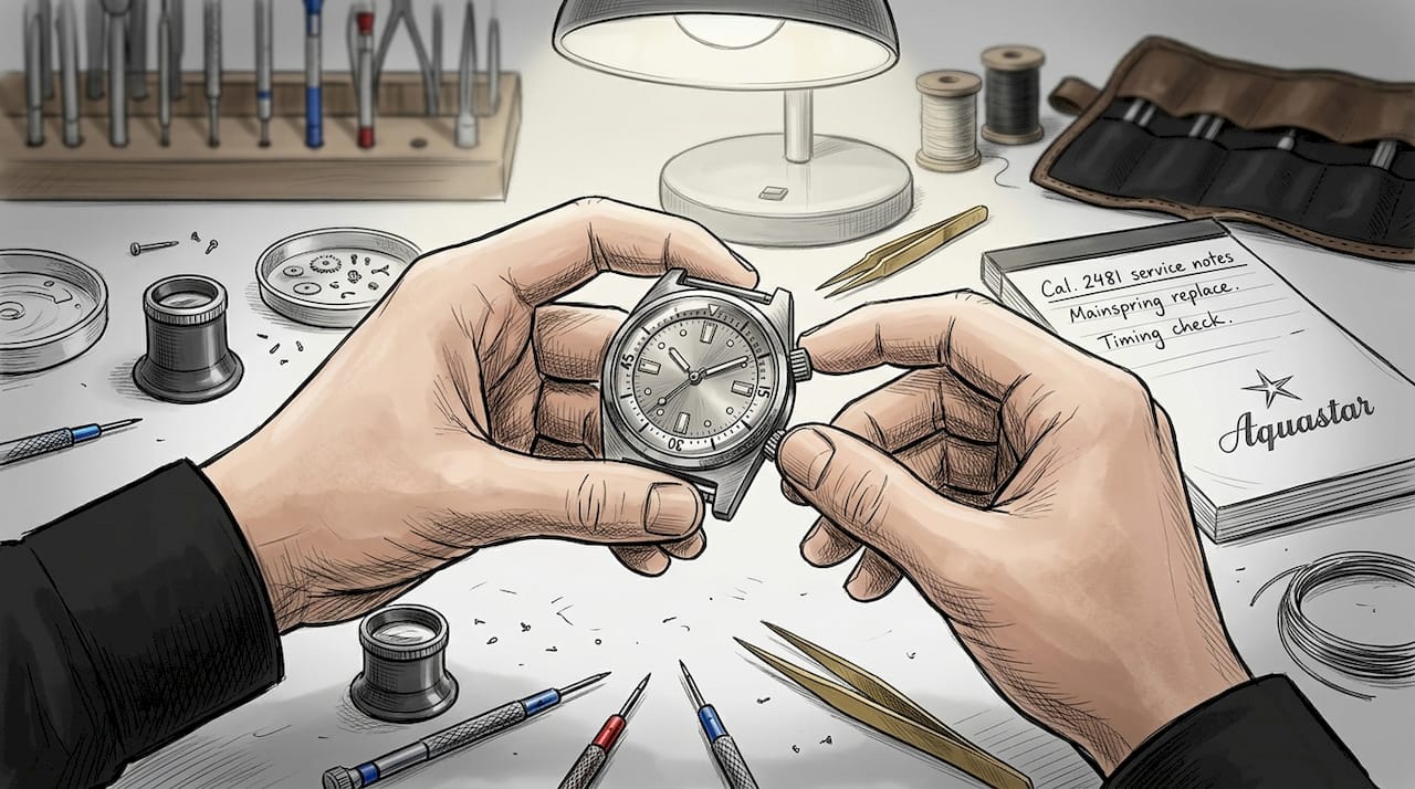 Hands operating internal bezel crown close up
