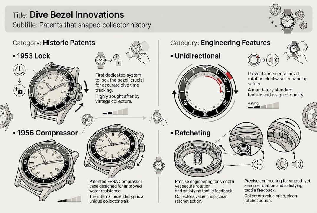 Infographic showing dive bezel innovation timeline