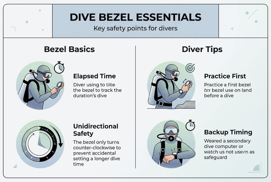 Infographic with dive bezel key safety points