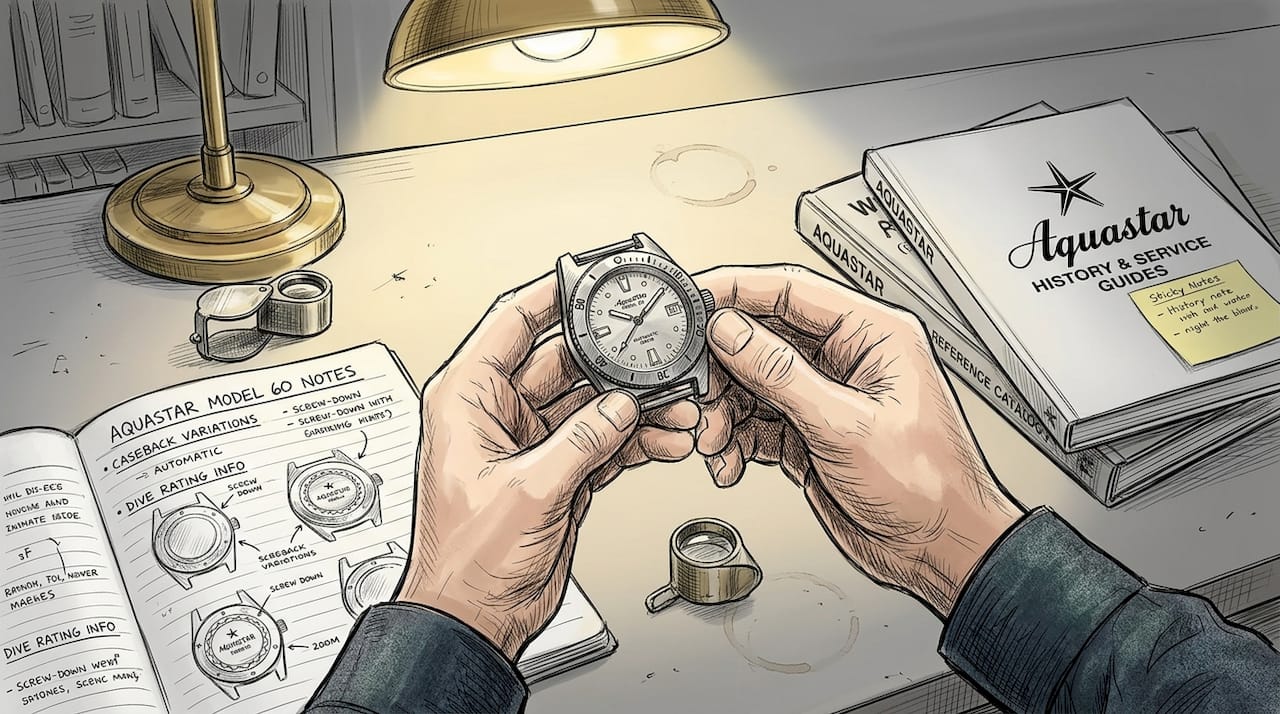 Collector examining Model 60 Aquastar watch details