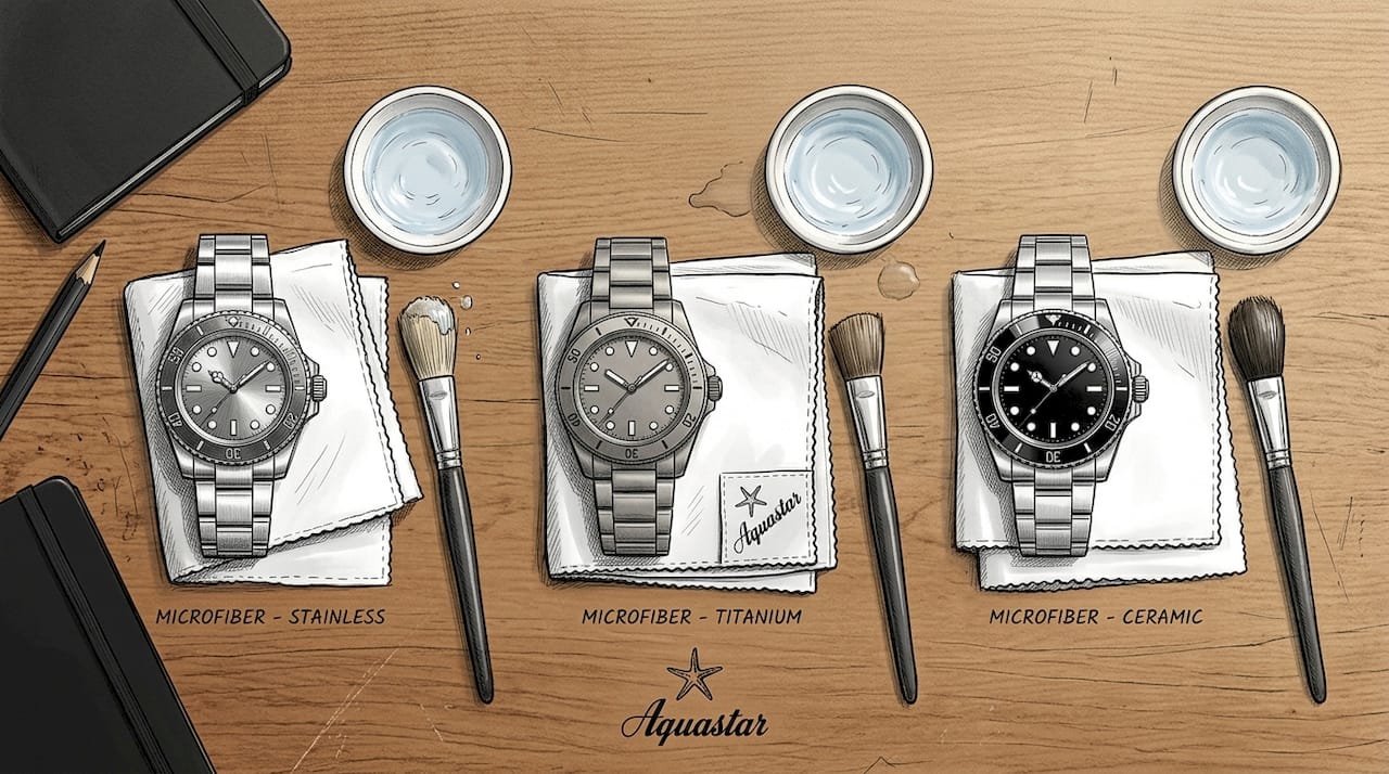 Different dive watch cases and cleaning materials