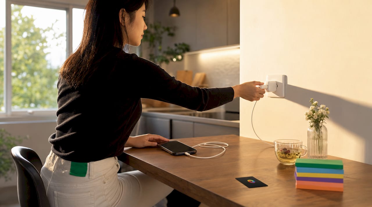 Člověk, který zapojuje svůj Huawei do rychlonabíječky Člověk, který zapojuje svůj Huawei do rychlonabíječky