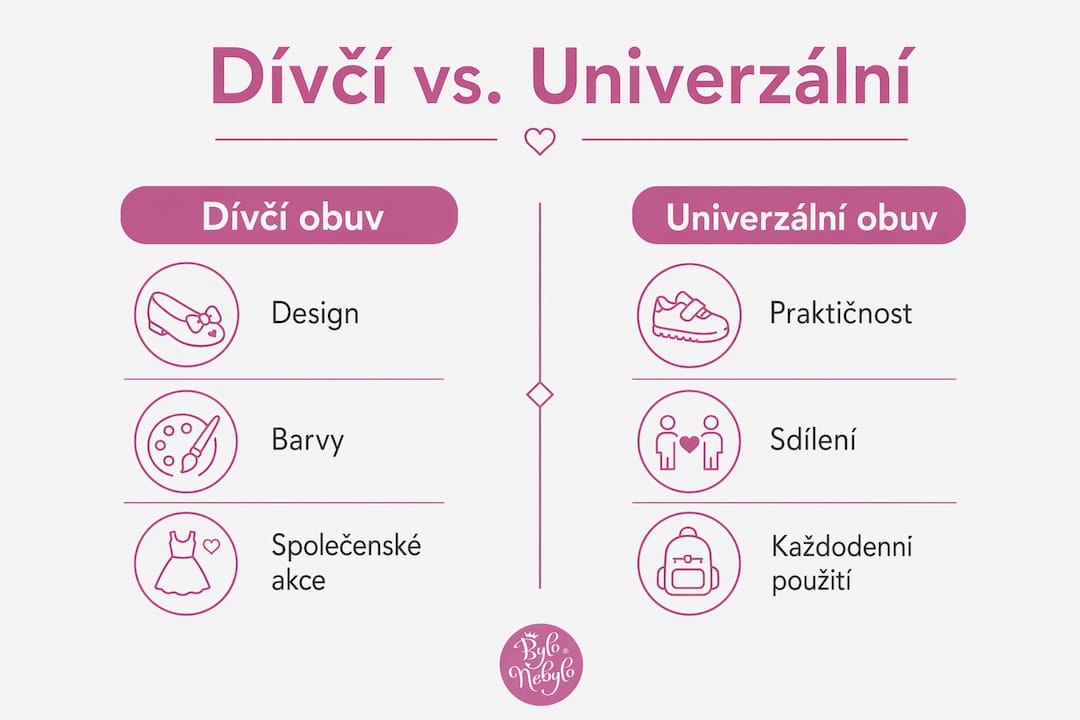 Přehledná infografika, která ukazuje rozdíly mezi dívčí a univerzální obuví