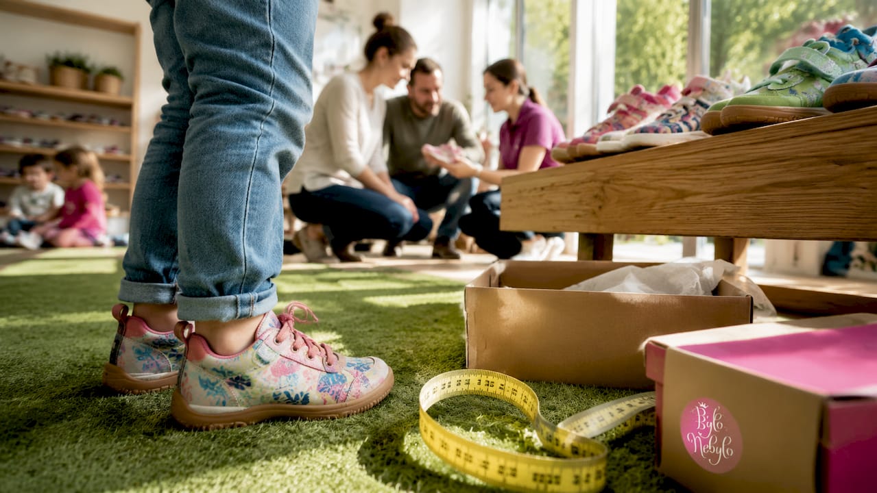 Dítě si v obchodě zkouší barefoot boty za pomoci prodavačky.