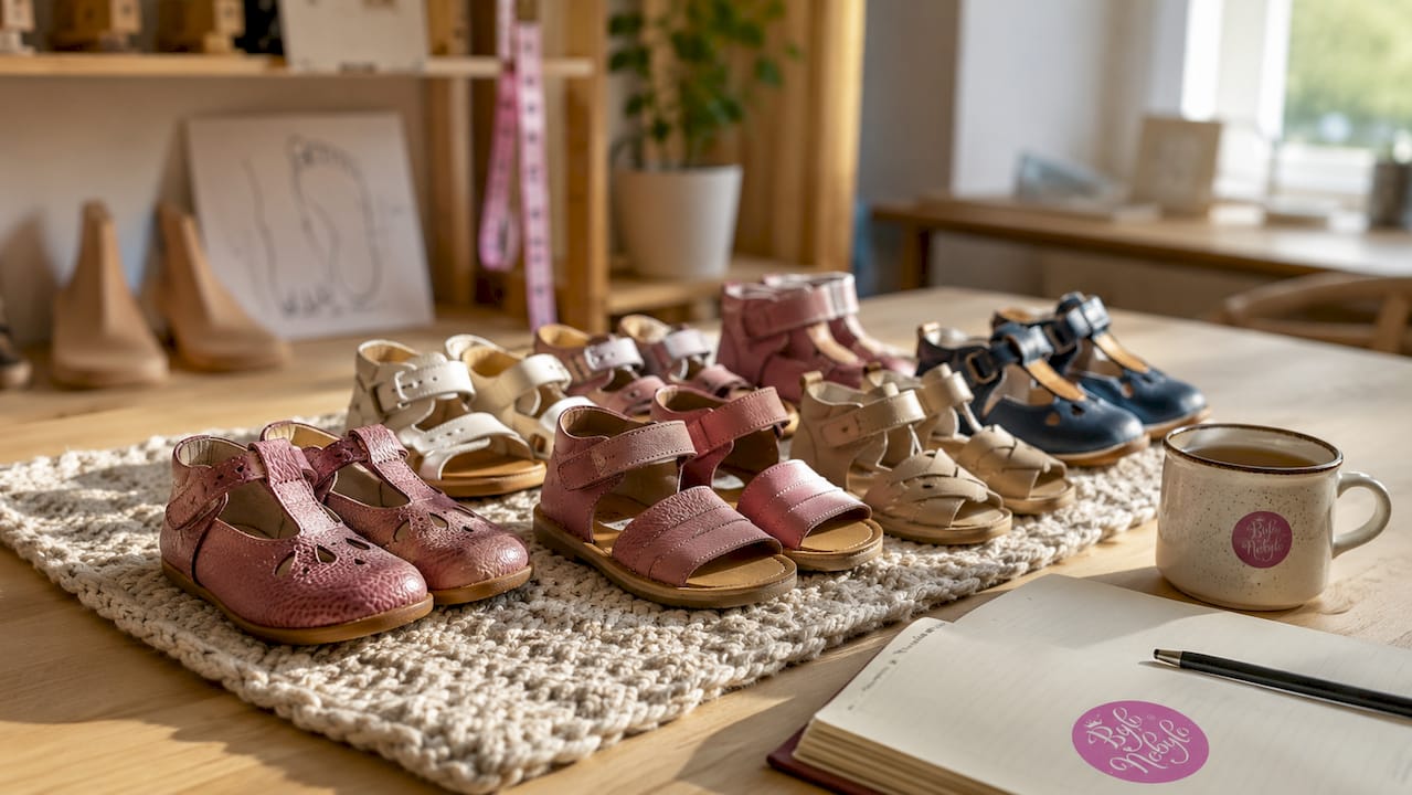 Pohled shora na dětské barefoot boty a měřicí pomůcky rozložené na stole.