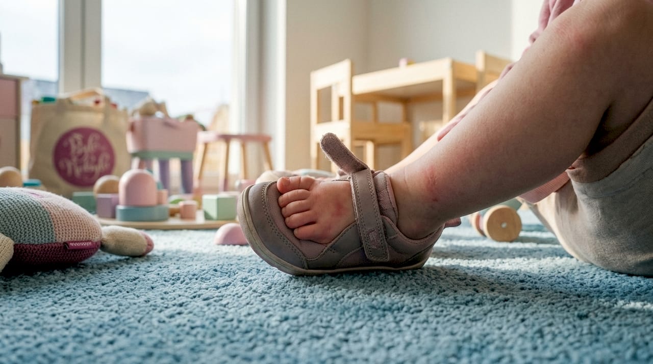 Dítě, kterému jsou boty příliš těsné a mačkají mu prsty