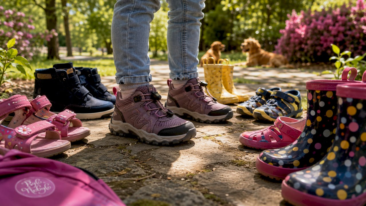 Různé druhy dětské obuvi vystavené venku na dřevěném podkladu