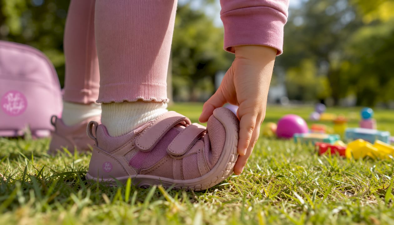 Přiblížený pohled na dětskou barefoot botu, která se flexibilně přizpůsobuje tvaru chodidla, položenou na dřevěné podlaze.