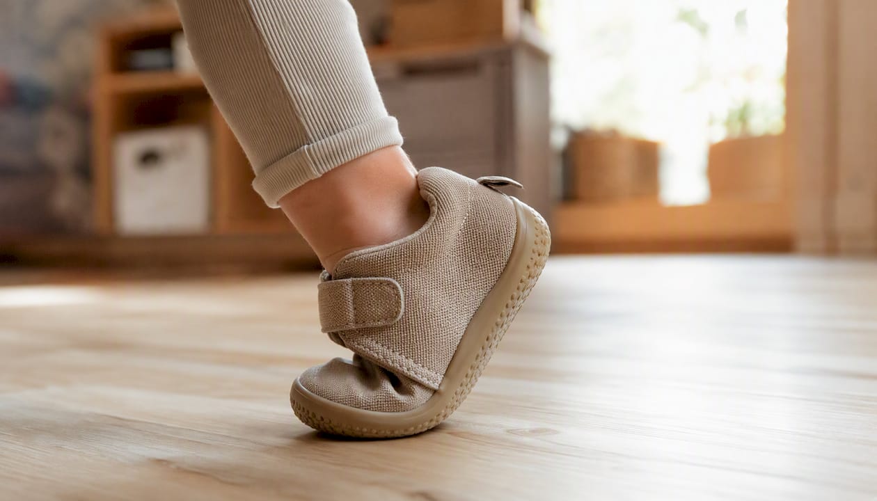 Dětská noha se v měkké podrážce barefoot boty snadno ohýbá a přizpůsobuje pohybu.