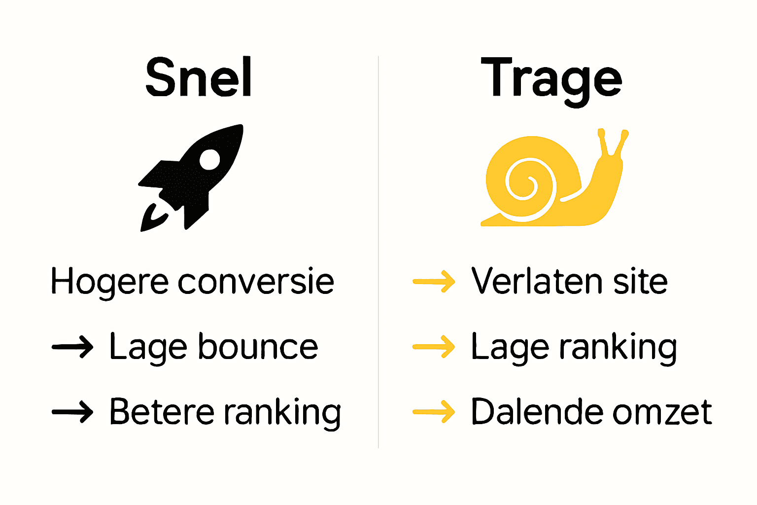Vergelijking snelle versus trage website infographic met conversie en ranking verschillen