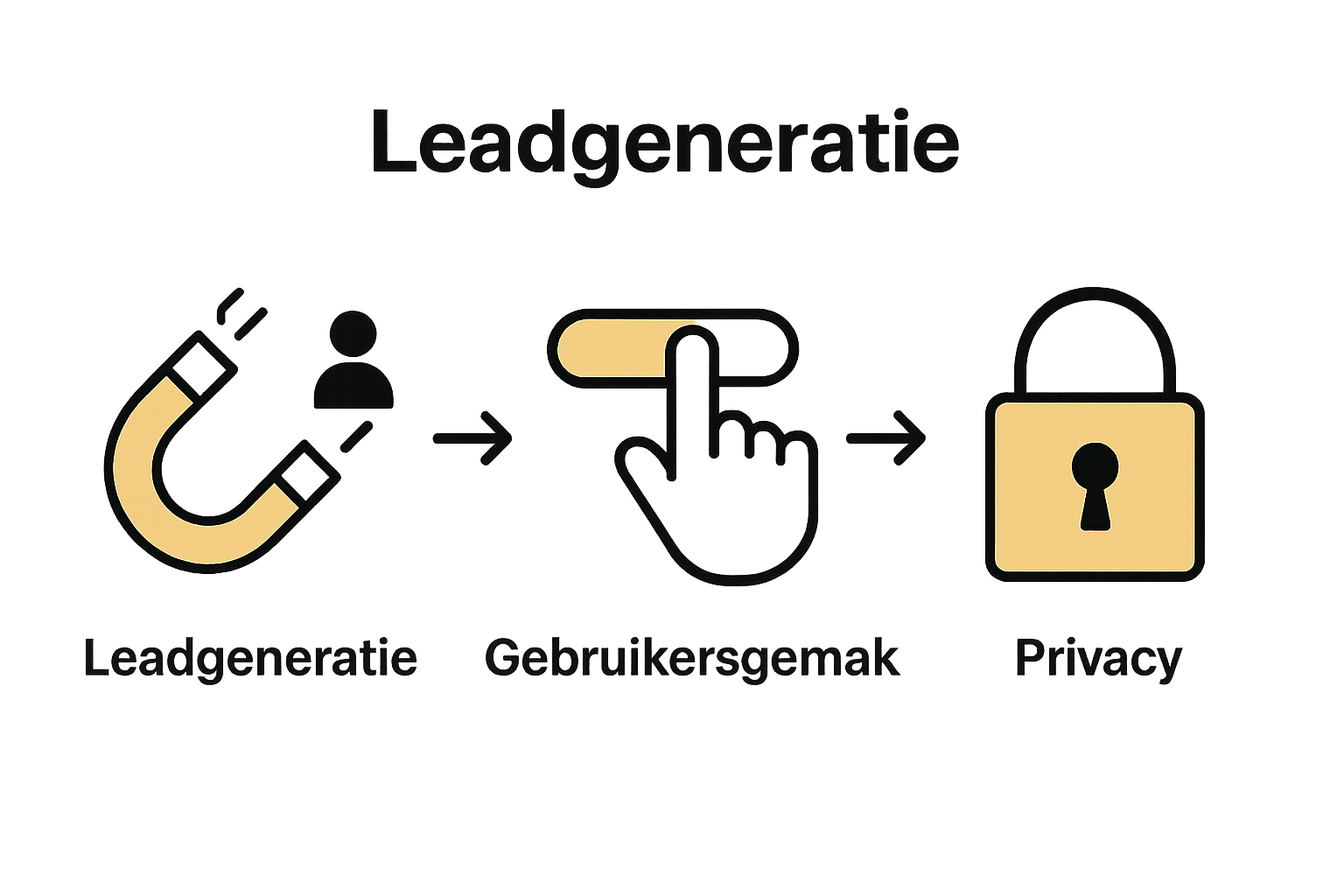 Infographic met icons over leadgeneratie, gebruiksgemak en privacy bij webformulieren.