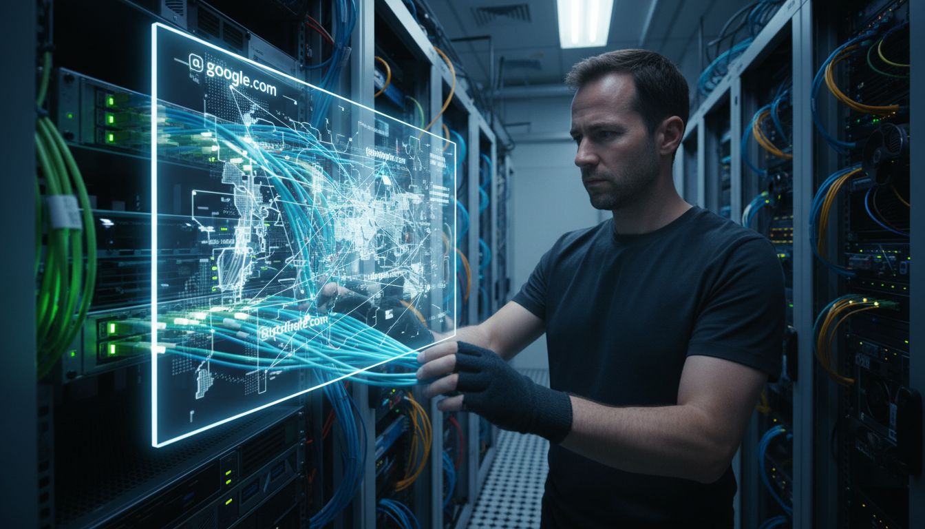 Server room with holographic DNS mapping