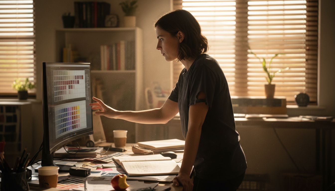 Designer creating brand visuals at standing desk