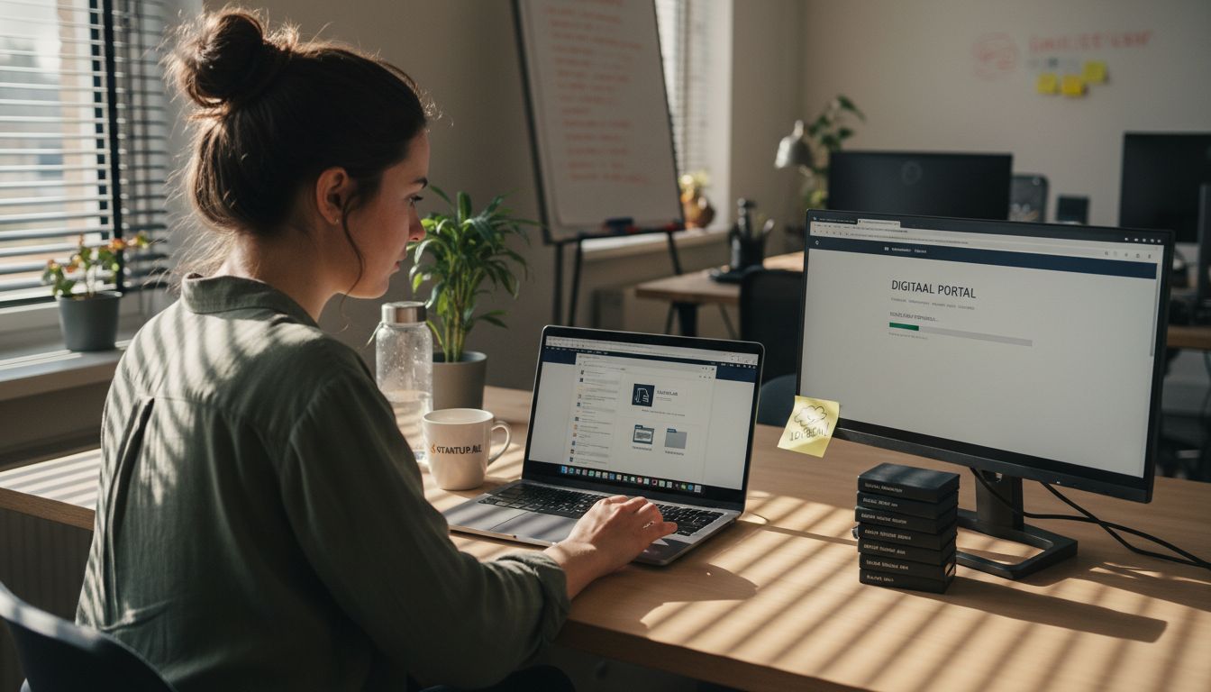 Een vrouw is bezig met het uploaden van bestanden op haar laptop op kantoor.