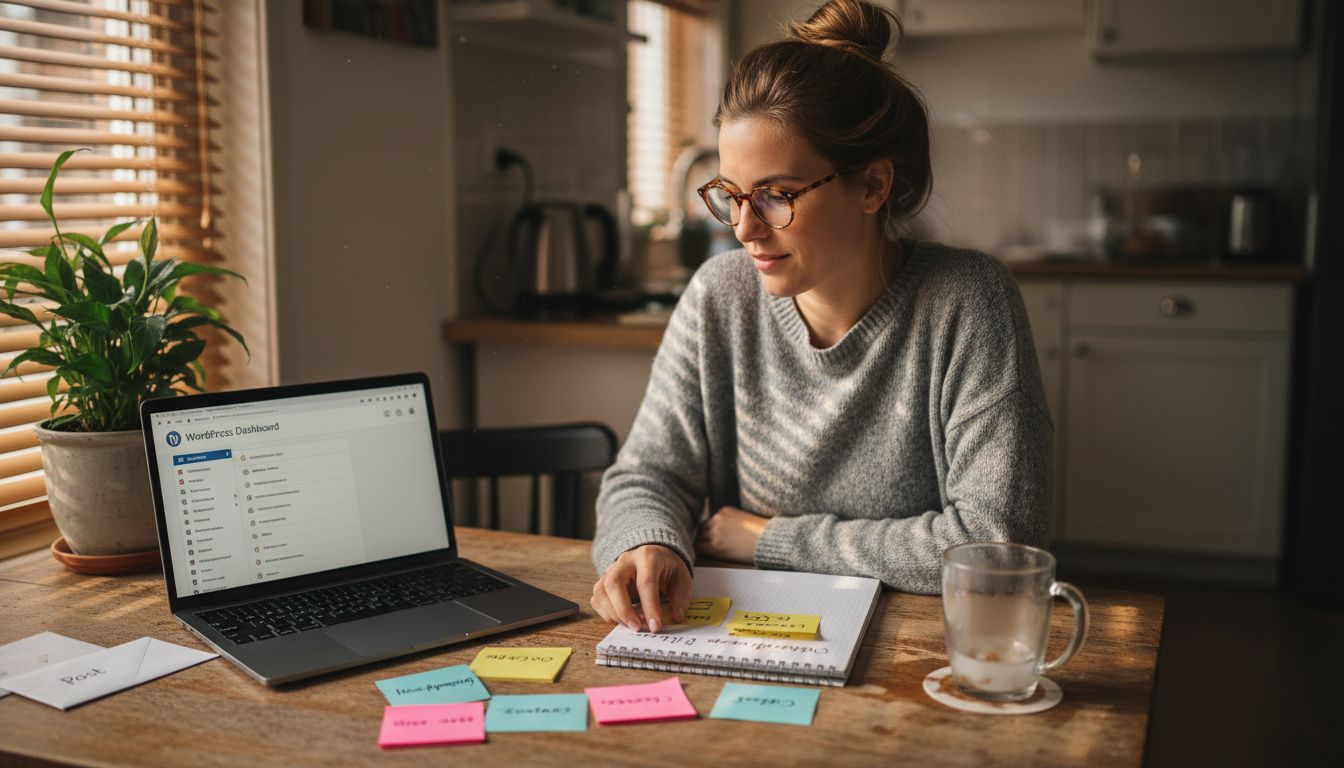 Zakenvrouw werkt haar ideeën uit voor de navigatiestructuur van een WordPress-website, met aantekeningen en schetsen op papier.