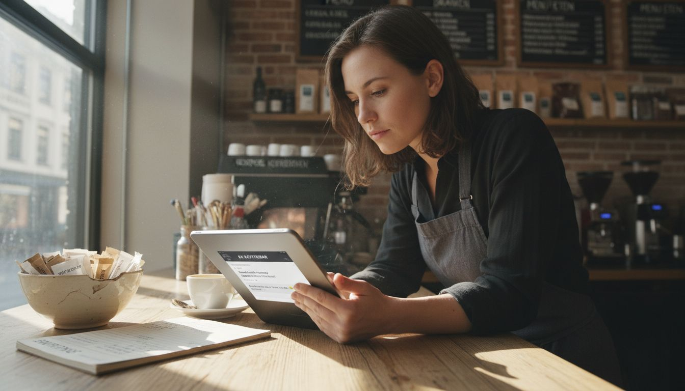 Ondernemer van een klein bedrijf die zelf de webcare verzorgt