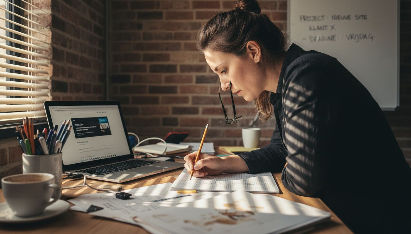 Een designer werkt aan zijn bureau en schetst het ontwerp voor een nieuwe website.