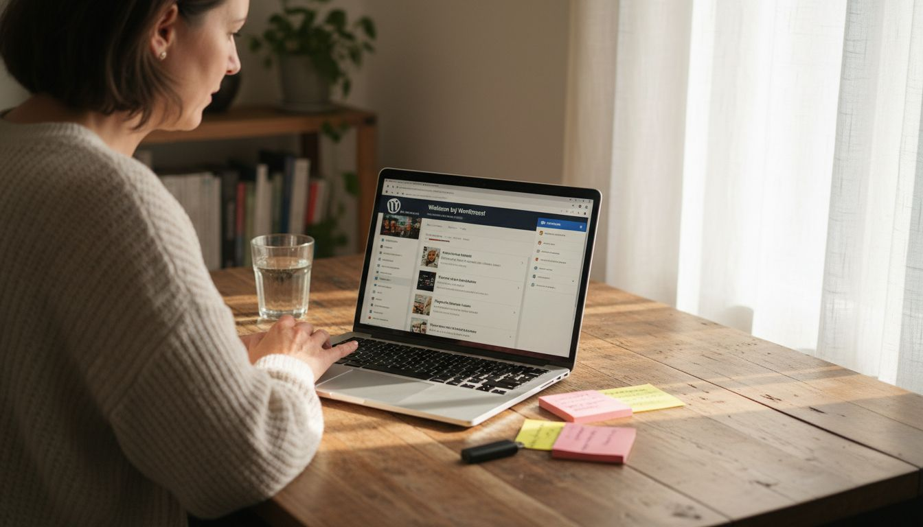 Een vrouw zit aan de eettafel en bekijkt haar WordPress-dashboard op de laptop.