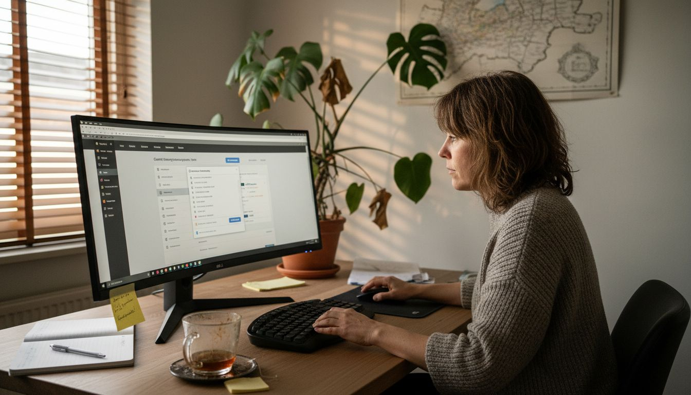 Vrouw werkt thuis aan haar bureau en beheert het CMS-dashboard op haar laptop