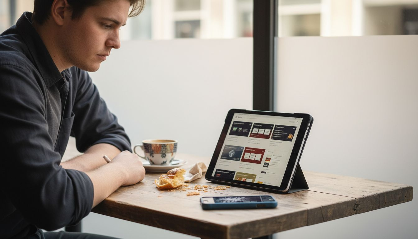 Een developer bekijkt verschillende voorbeelden van footer-ontwerpen om inspiratie op te doen.