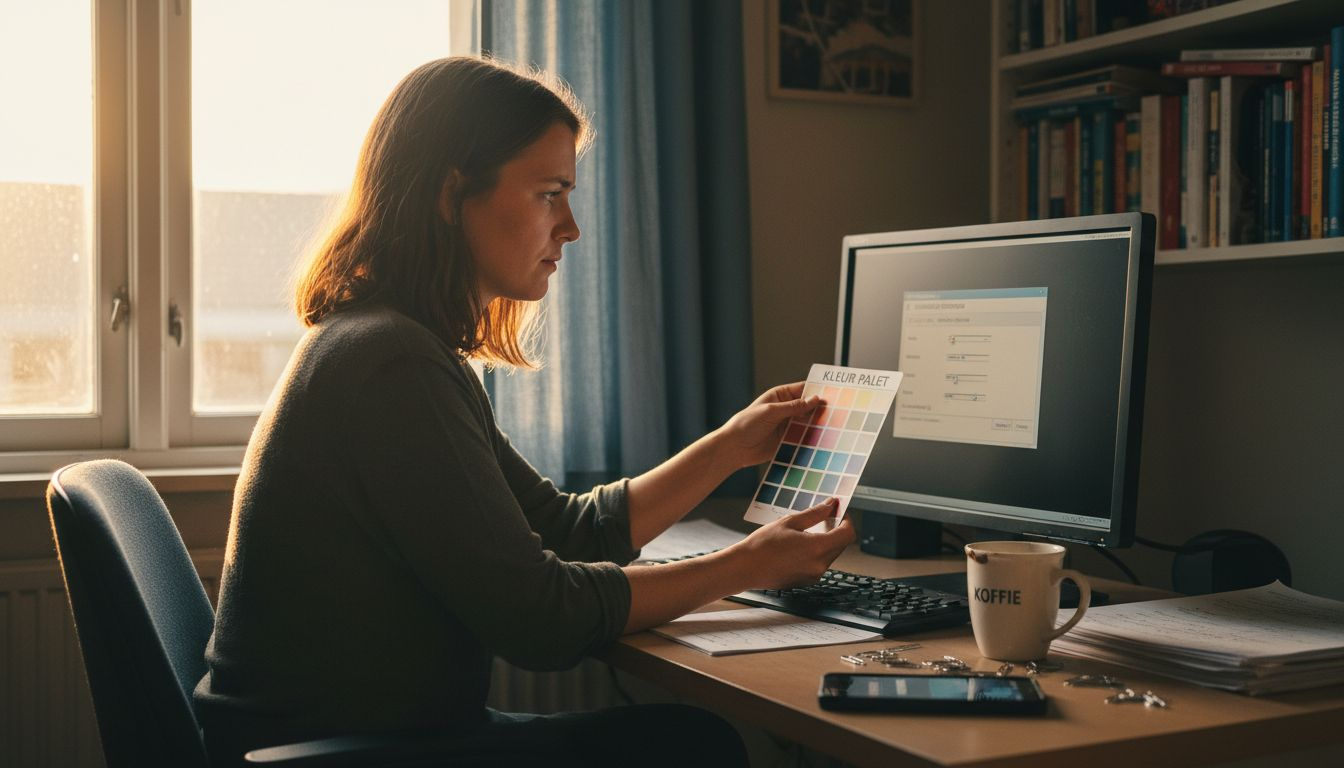 Een vrouw kijkt thuis aan haar bureau of de kleuren goed te onderscheiden zijn.