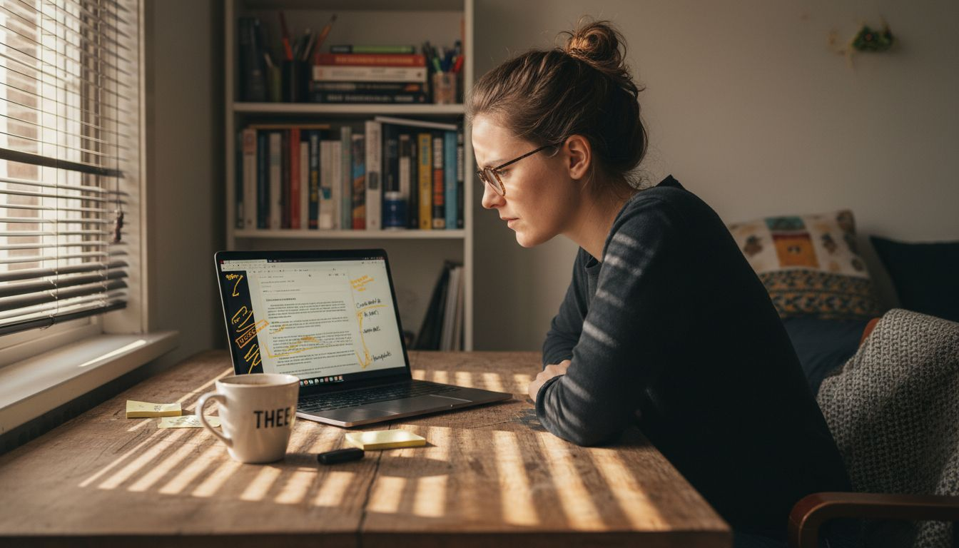 Een vrouw kijkt kritisch naar de code voor gestructureerde webgegevens.