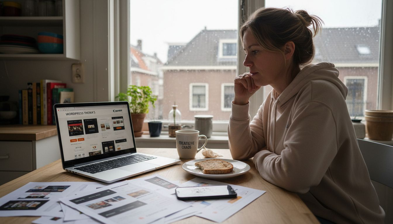 Een vrouw zit aan de keukentafel en vergelijkt verschillende WordPress-thema’s op haar laptop.