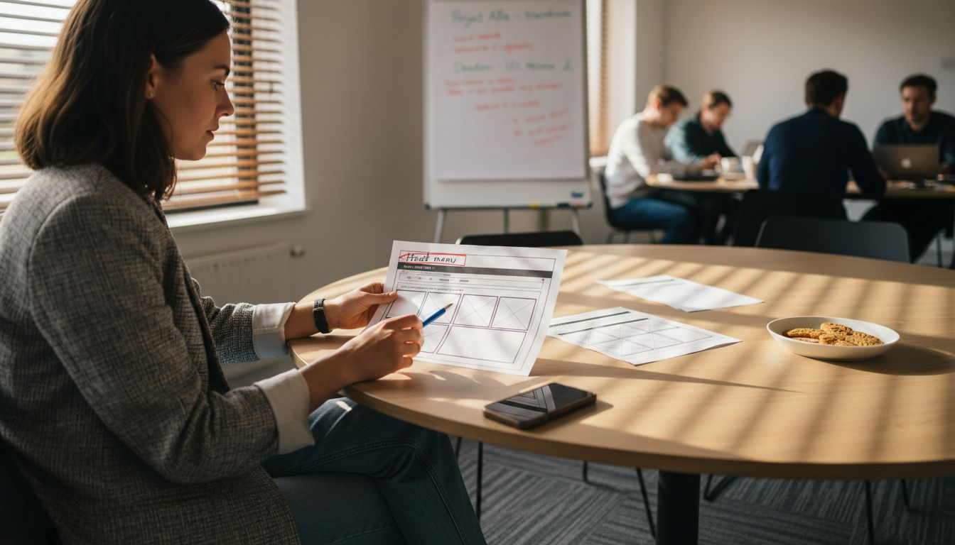 Tijdens een overleg aan tafel licht de contentmanager de plannen voor het herindelen van het menu toe.