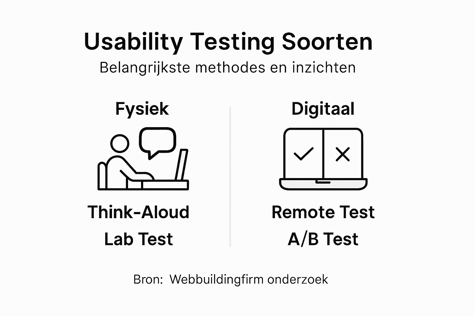 Overzichtelijke infographic met verschillende usability-testmethodes en de belangrijkste inzichten die daaruit voortkomen.
