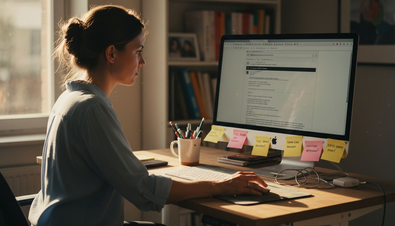 Een vrouw is druk bezig aan haar bureau terwijl ze haar werklinks bijwerkt.