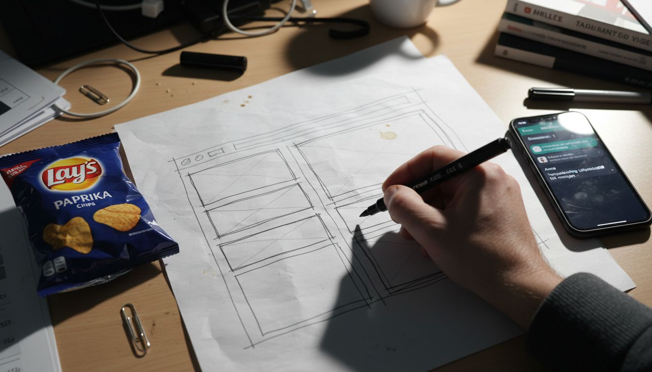 Een ontwerper schetst een eenvoudige wireframe om de basisopzet van een website of app vast te leggen.
