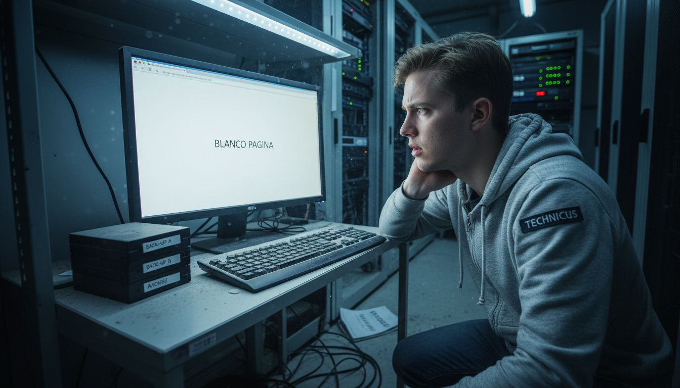 Monteur zit met zijn handen in het haar door een blanco scherm in WordPress.