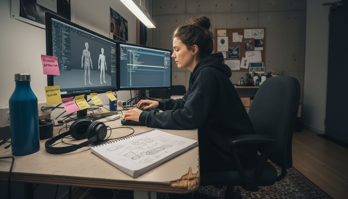 Een vormgever die werkt met animatiesoftware op de computer.