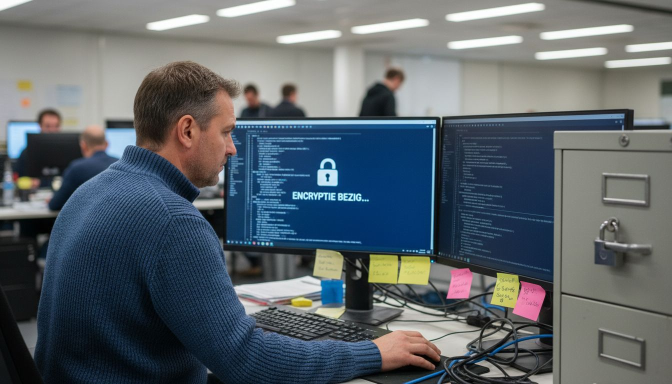 Een IT-specialist is bezig om de beveiliging in het kantoor op orde te brengen door gegevensversleuteling in te stellen.
