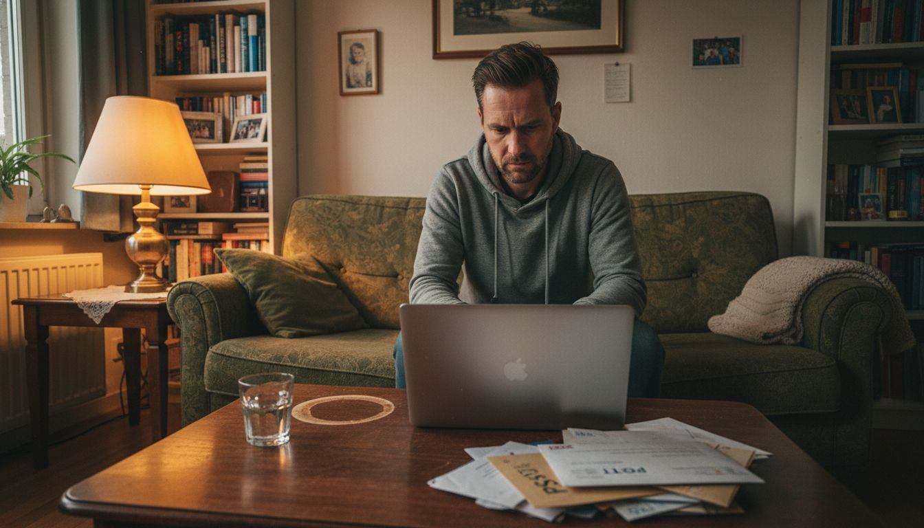 Een klant die thuis rustig online reviews aan het bekijken is.