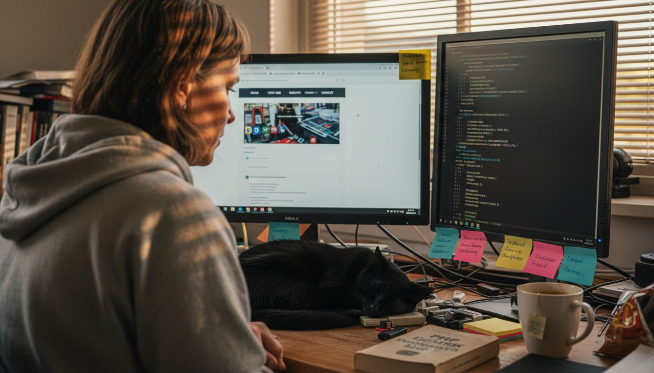 Een ontwikkelaar die WordPress-plugins controleert aan een rommelig bureau.